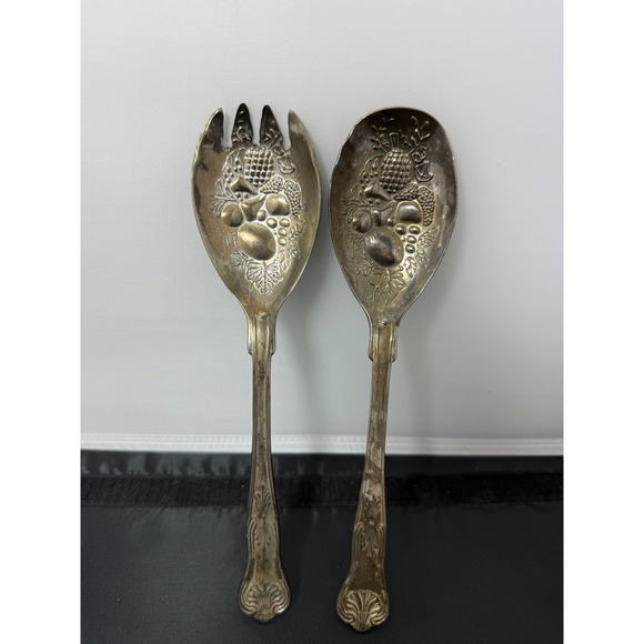 Vintage Silver‎ Plated Salad Serving Set Spoon & Fork Fruit Design - Picture 1 of 6